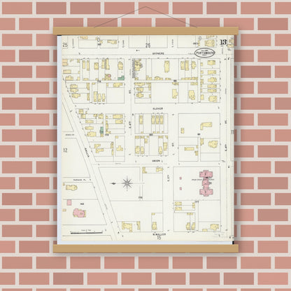 Old map wall art mockup — magnetic wood frame on brick wall — Sanborn Fire Insurance Map from Portsmouth, Scioto County, Ohio (1897), Sheet #0013