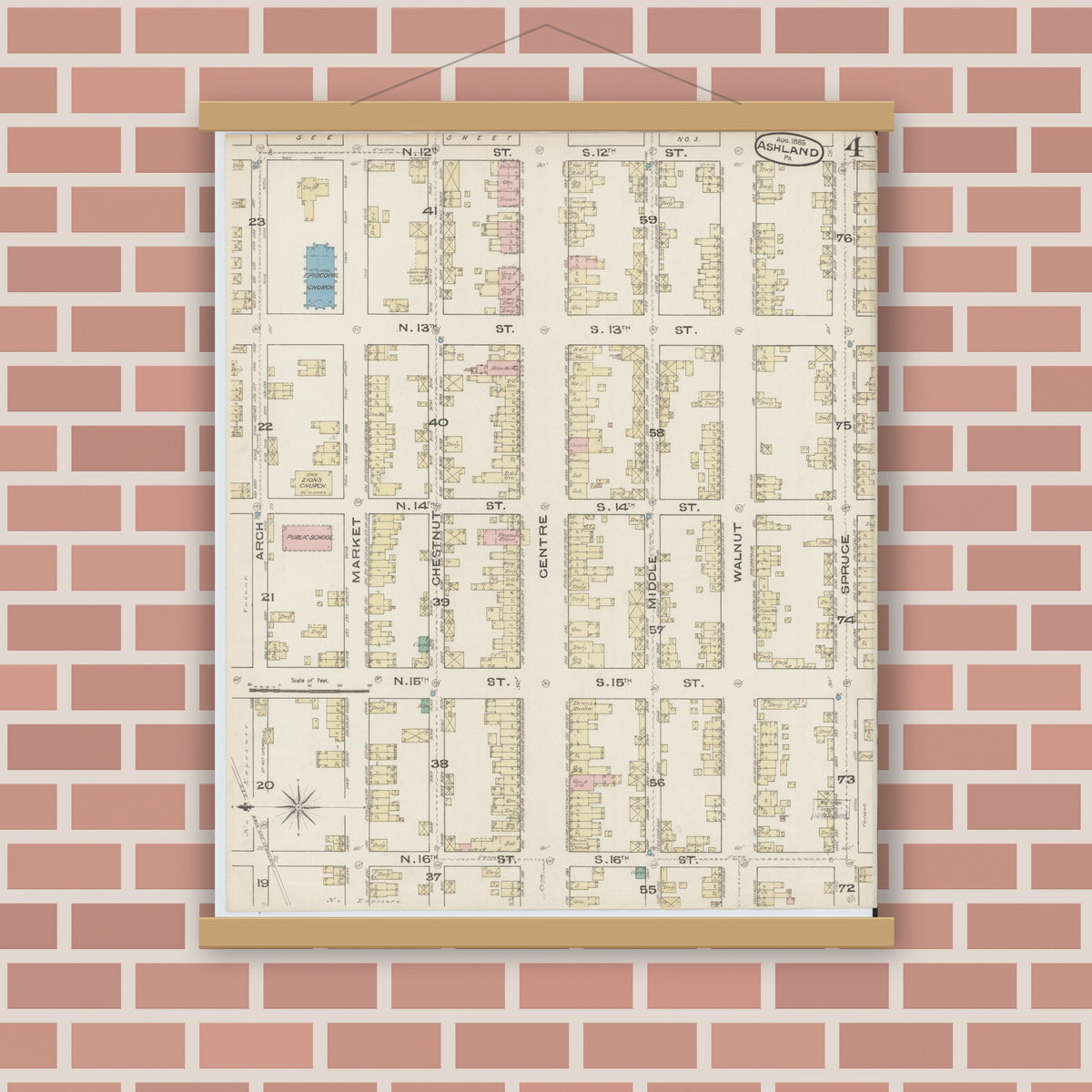 Old map wall art mockup — magnetic wood frame on brick wall — Sanborn Fire Insurance Map from Ashland, Schuylkill County, Pennsylvania (1885), Sheet #0004
