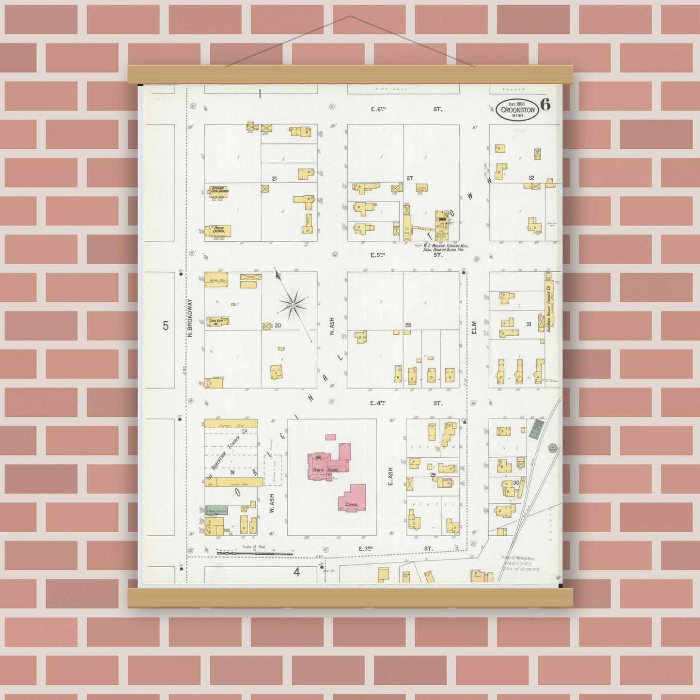 Old map wall art mockup — magnetic wood frame on brick wall — Sanborn Fire Insurance Map from Crookston, Polk County, Minnesota (1900), Sheet #0006