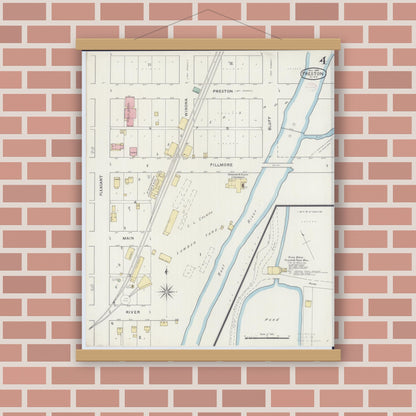 Old map wall art mockup — magnetic wood frame on brick wall — Sanborn Fire Insurance Map from Preston, Fillmore County, Minnesota (1894), Sheet #0004