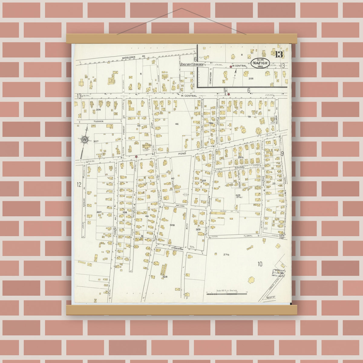 Old map wall art mockup — magnetic wood frame on brick wall — Sanborn Fire Insurance Map from Natick, Middlesex County, Massachusetts (1915), Sheet #0013