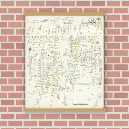 Old map wall art mockup — magnetic wood frame on brick wall — Sanborn Fire Insurance Map from Natick, Middlesex County, Massachusetts (1915), Sheet #0013