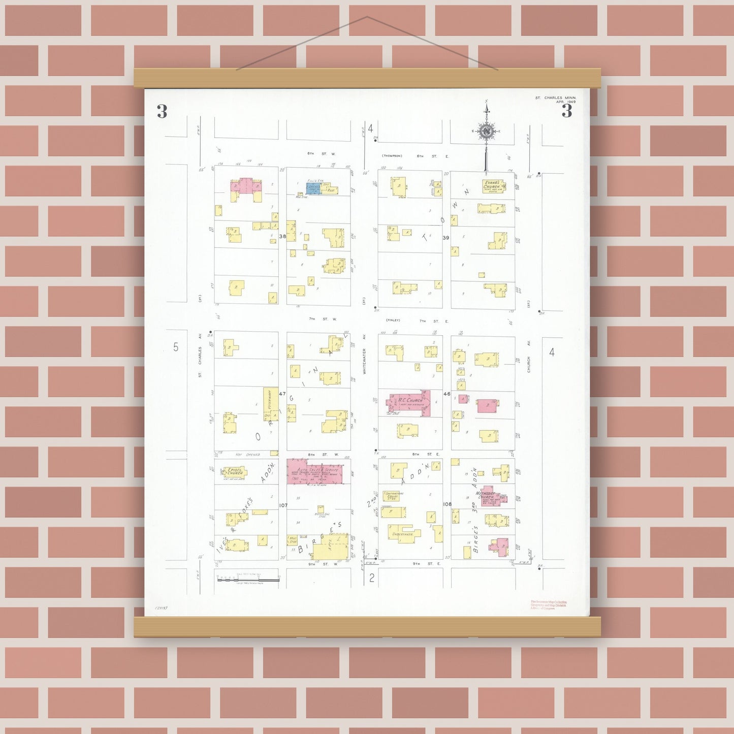 Old map wall art mockup — magnetic wood frame on brick wall — Sanborn Fire Insurance Map from Saint Charles, Winona County, Minnesota (1949), Sheet #0003