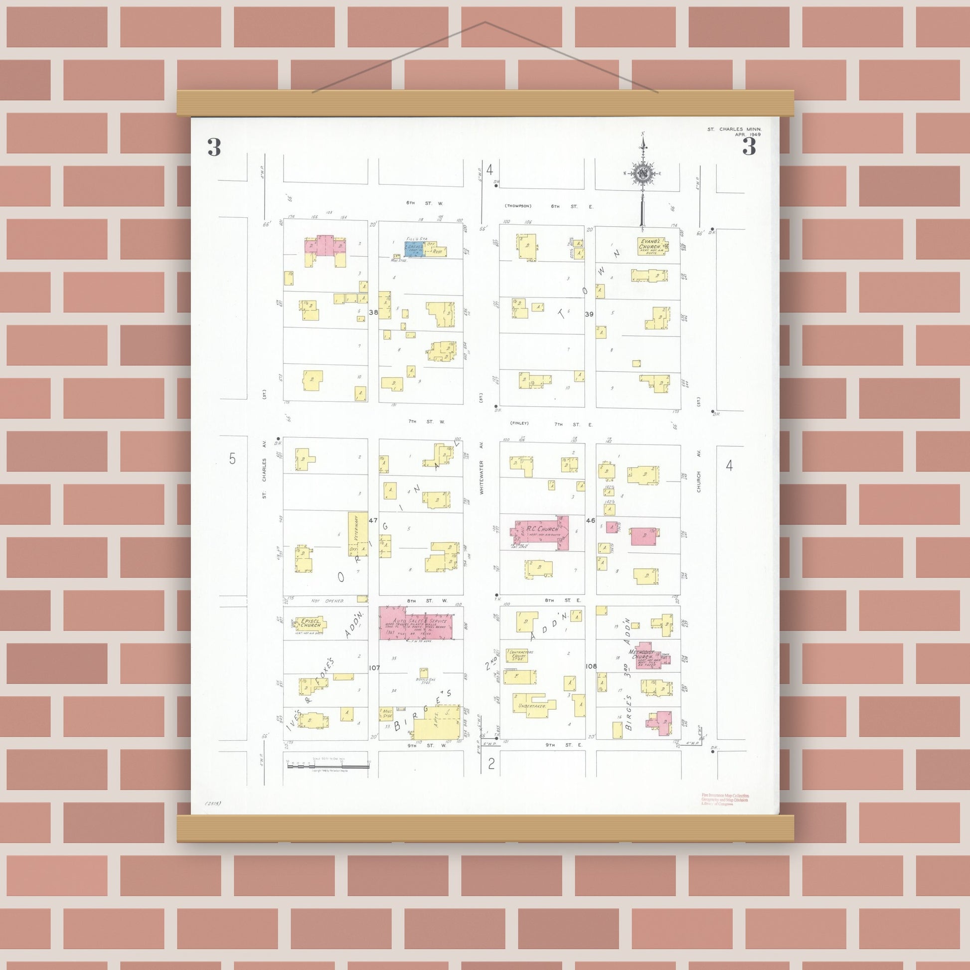 Old map wall art mockup — magnetic wood frame on brick wall — Sanborn Fire Insurance Map from Saint Charles, Winona County, Minnesota (1949), Sheet #0003