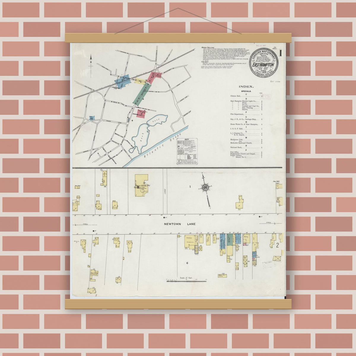 Old map wall art mockup — magnetic wood frame on brick wall — Sanborn Fire Insurance Map from Easthampton, Suffolk County, New York (1909), Sheet #0001