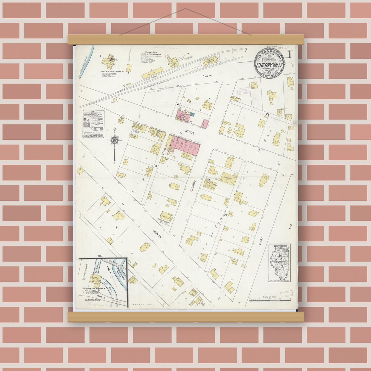 Old map wall art mockup — magnetic wood frame on brick wall — Sanborn Fire Insurance Map from Cherry Valley, Winnebago County, Illinois (1913), Sheet #0001