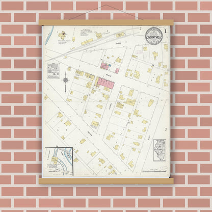 Old map wall art mockup — magnetic wood frame on brick wall — Sanborn Fire Insurance Map from Cherry Valley, Winnebago County, Illinois (1913), Sheet #0001
