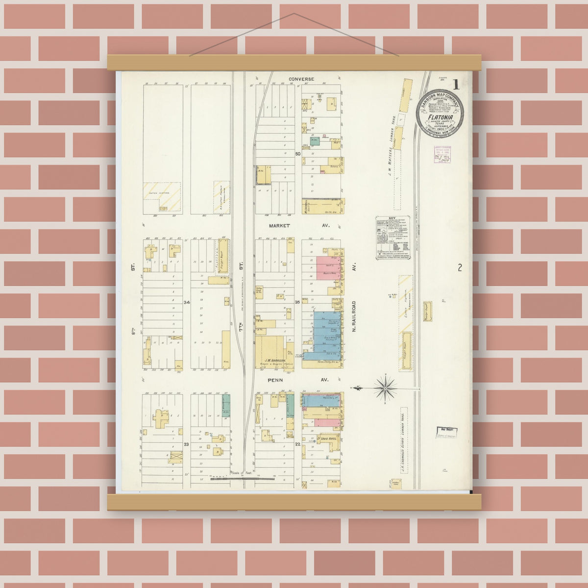 Old map wall art mockup — magnetic wood frame on brick wall — Sanborn Fire Insurance Map from Flatonia, Fayette County, Texas (1906) - Complete Map Set