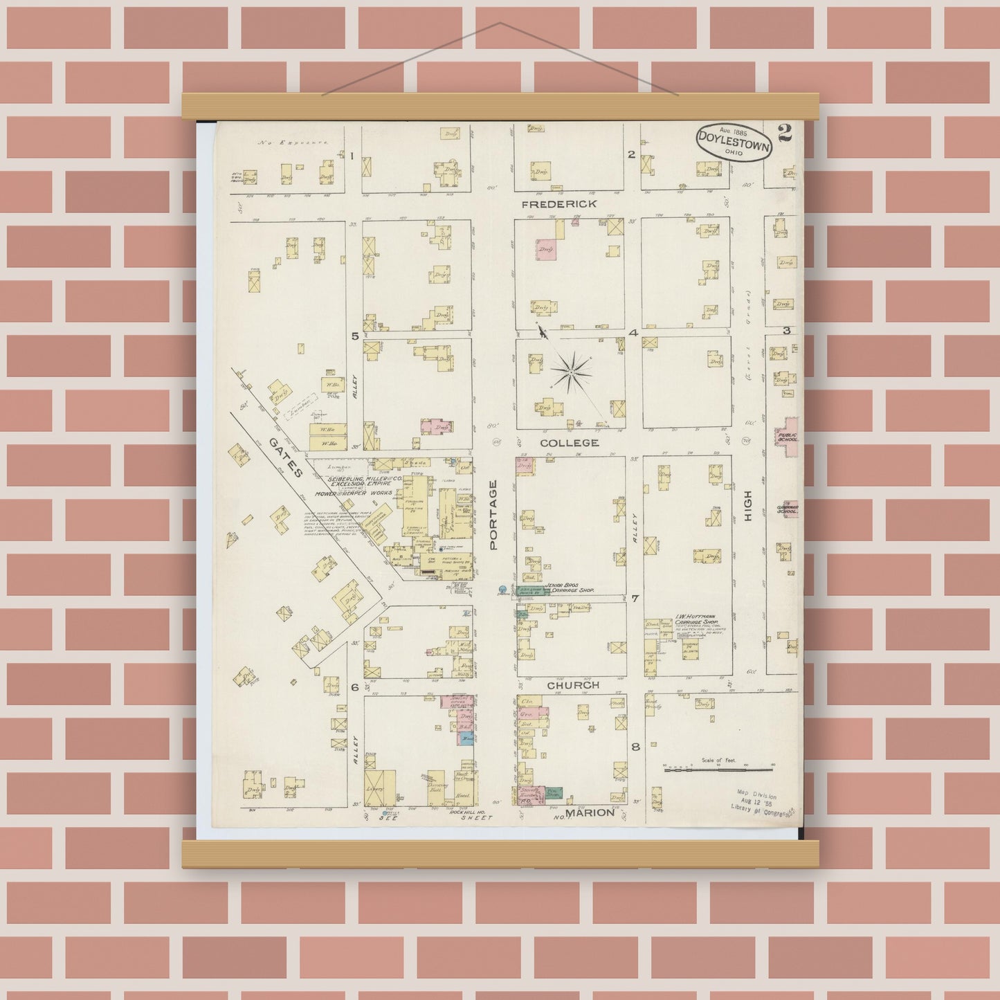 Old map wall art mockup — magnetic wood frame on brick wall — Sanborn Fire Insurance Map from Doylestown, Wayne County, Ohio (1885), Sheet #0002