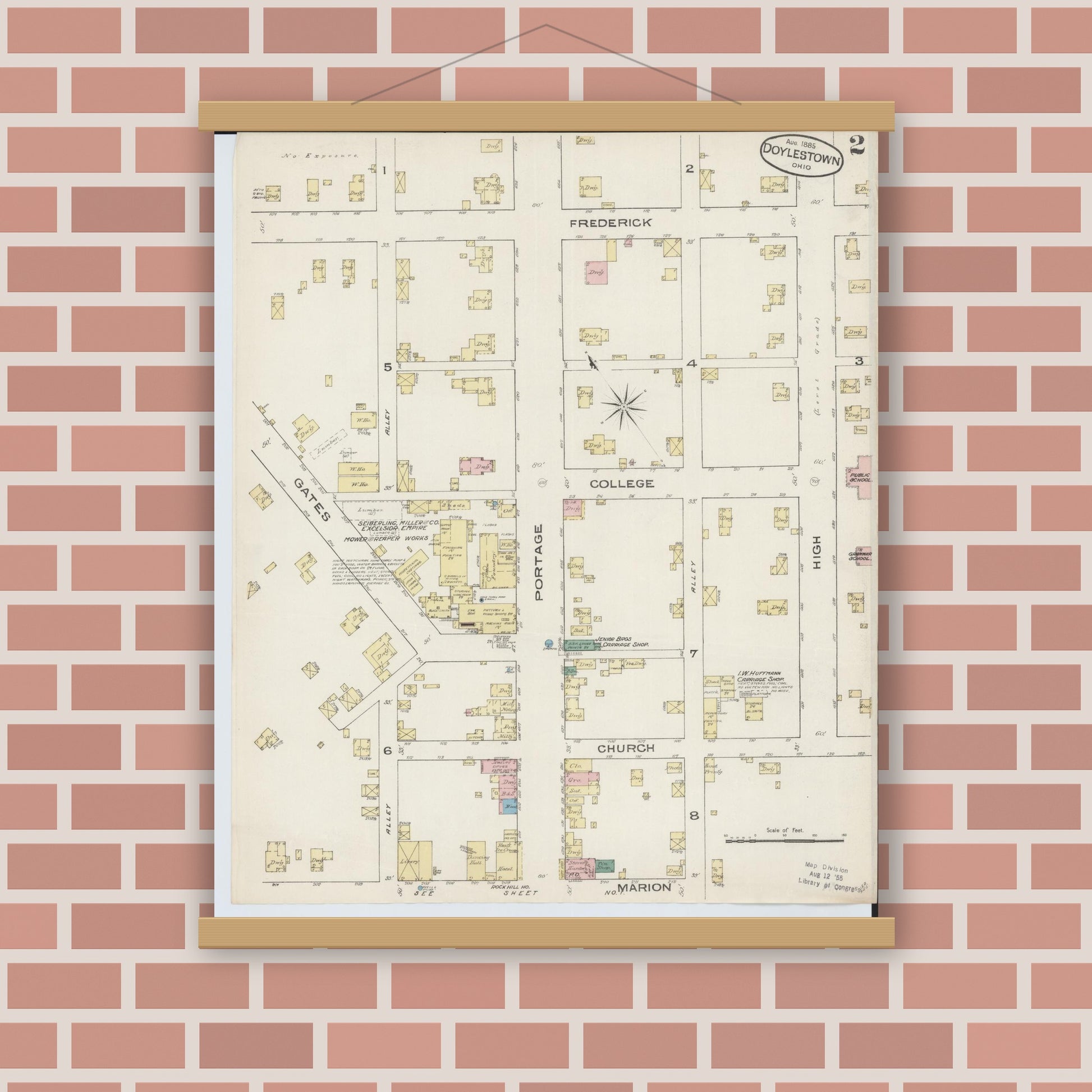 Old map wall art mockup — magnetic wood frame on brick wall — Sanborn Fire Insurance Map from Doylestown, Wayne County, Ohio (1885), Sheet #0002