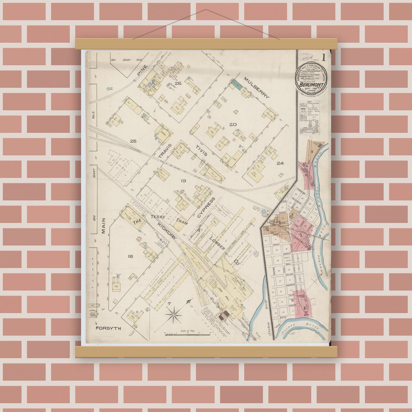 Old map wall art mockup — magnetic wood frame on brick wall — Sanborn Fire Insurance Map from Beaumont, Jefferson County, Texas (1885), Sheet #0001
