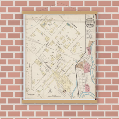 Old map wall art mockup — magnetic wood frame on brick wall — Sanborn Fire Insurance Map from Beaumont, Jefferson County, Texas (1885), Sheet #0001