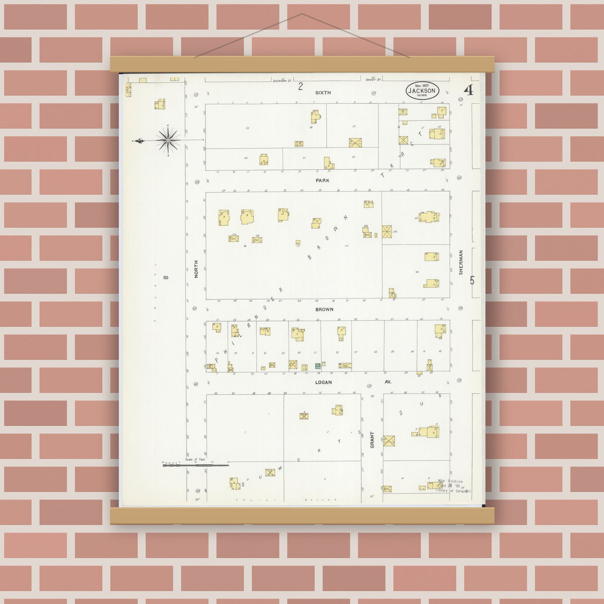 Old map wall art mockup — magnetic wood frame on brick wall — Sanborn Fire Insurance Map from Jackson, Jackson County, Minnesota (1907), Sheet #0004