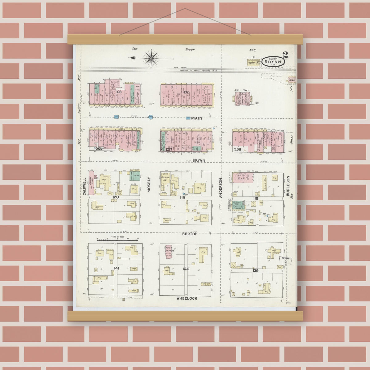 Old map wall art mockup — magnetic wood frame on brick wall — Sanborn Fire Insurance Map from Bryan, Brazos County, Texas (1891), Sheet #0002