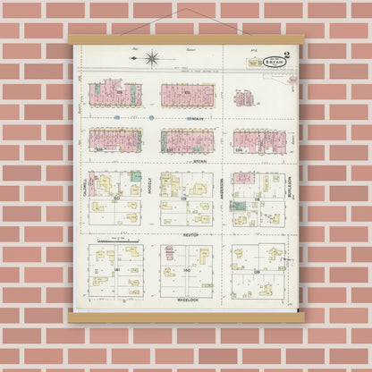Old map wall art mockup — magnetic wood frame on brick wall — Sanborn Fire Insurance Map from Bryan, Brazos County, Texas (1891), Sheet #0002