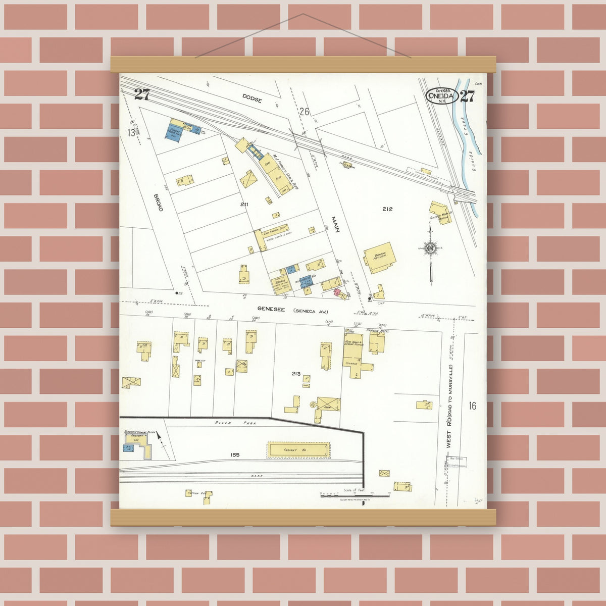 Old map wall art mockup — magnetic wood frame on brick wall — Sanborn Fire Insurance Map from Oneida, Madison County, New York (1923), Sheet #0027