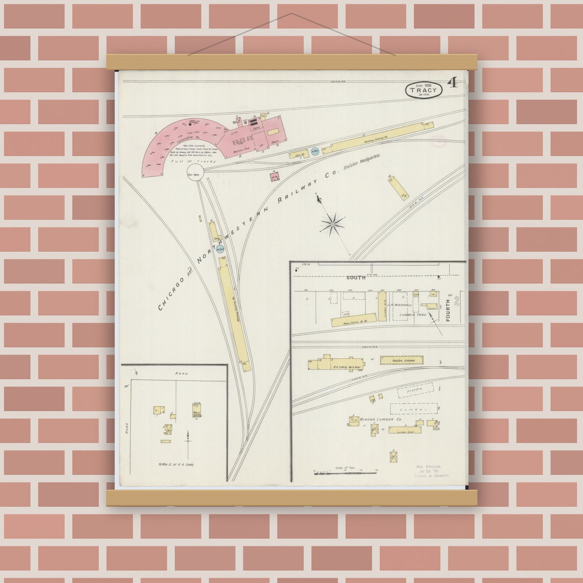 Old map wall art mockup — magnetic wood frame on brick wall — Sanborn Fire Insurance Map from Tracy, Lyon County, Minnesota (1894), Sheet #0004