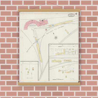 Old map wall art mockup — magnetic wood frame on brick wall — Sanborn Fire Insurance Map from Tracy, Lyon County, Minnesota (1894), Sheet #0004