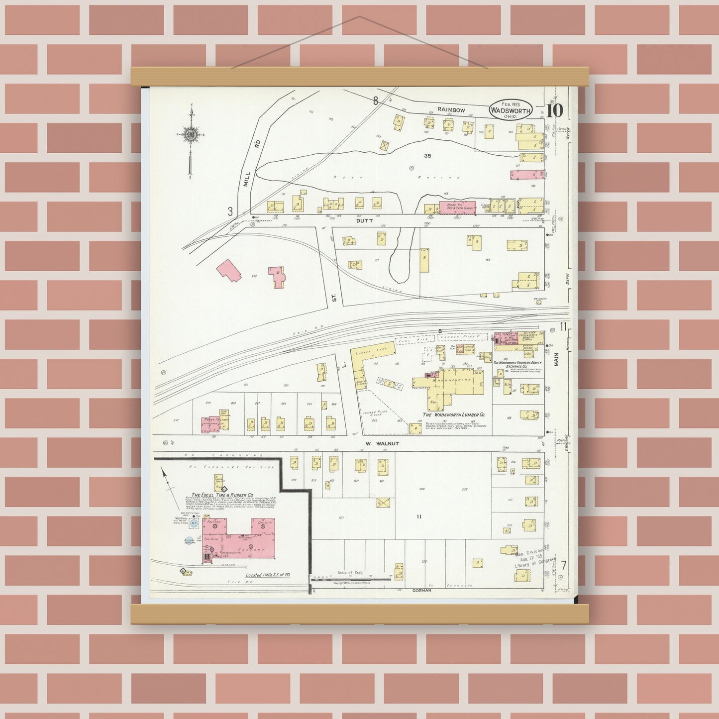 Old map wall art mockup — magnetic wood frame on brick wall — Sanborn Fire Insurance Map from Wadsworth, Medina County, Ohio (1923), Sheet #0010