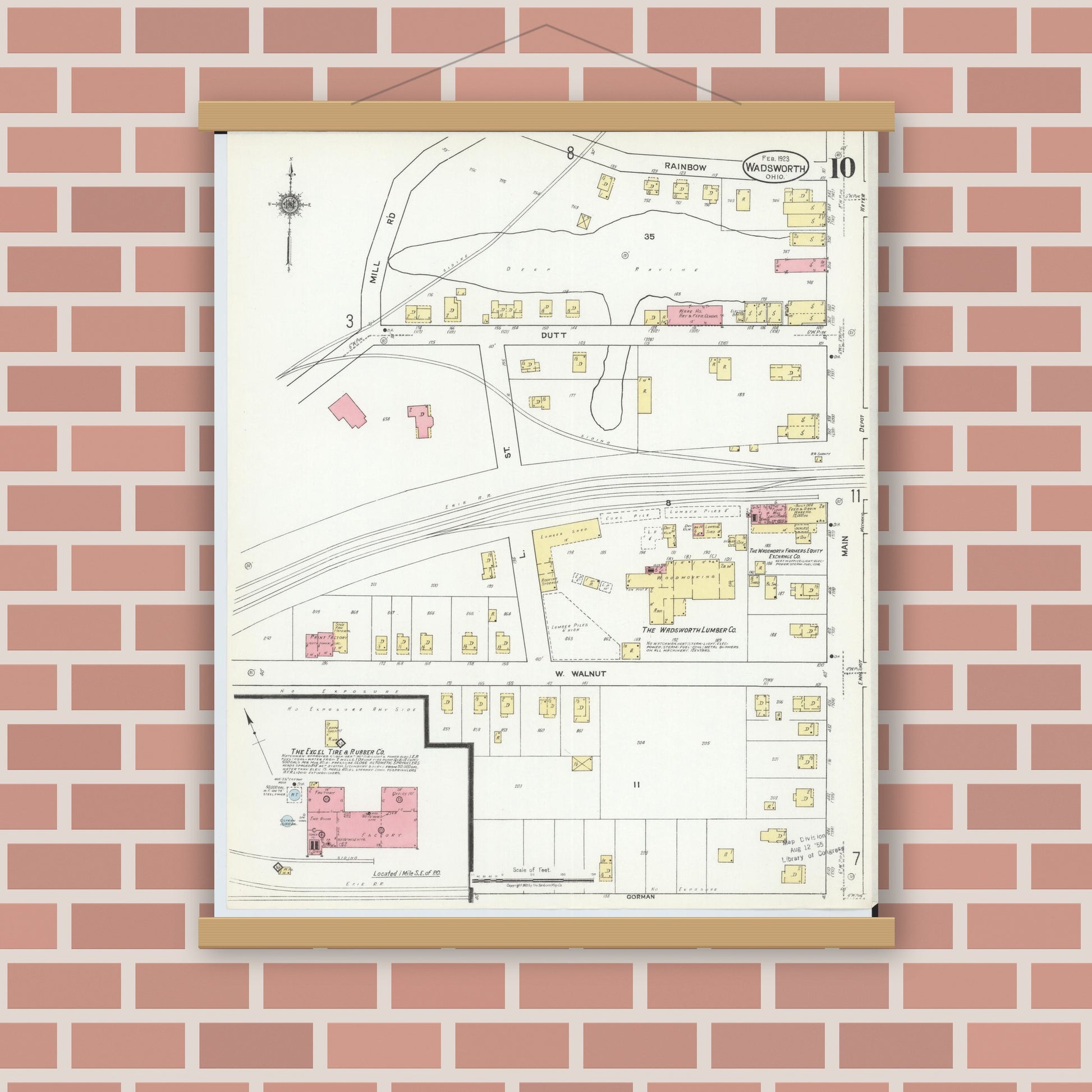 Old map wall art mockup — magnetic wood frame on brick wall — Sanborn Fire Insurance Map from Wadsworth, Medina County, Ohio (1923), Sheet #0010