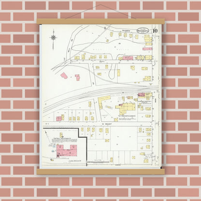 Old map wall art mockup — magnetic wood frame on brick wall — Sanborn Fire Insurance Map from Wadsworth, Medina County, Ohio (1923), Sheet #0010