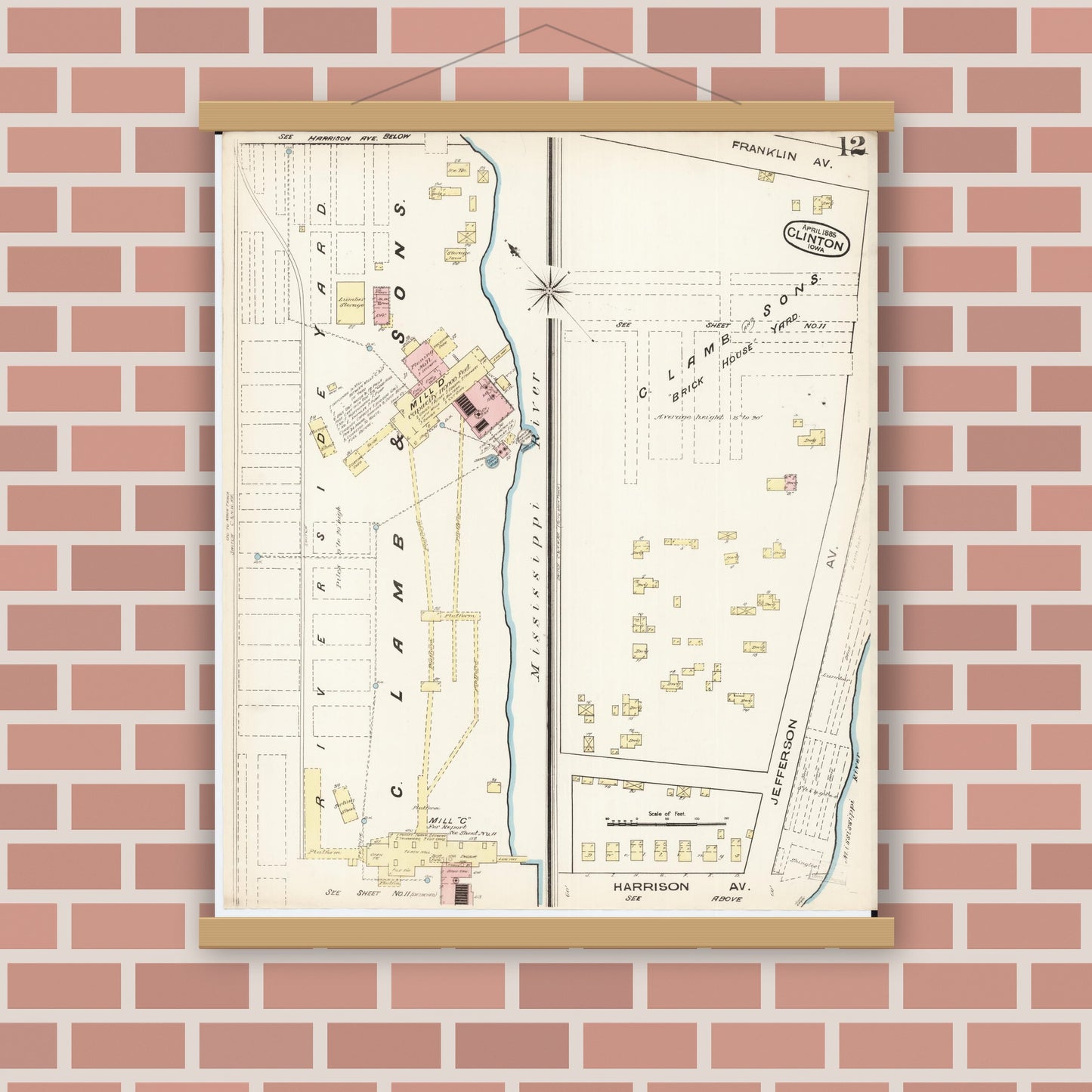 Old map wall art mockup — magnetic wood frame on brick wall — Sanborn Fire Insurance Map from Clinton, Clinton County, Iowa (1885), Sheet #0012