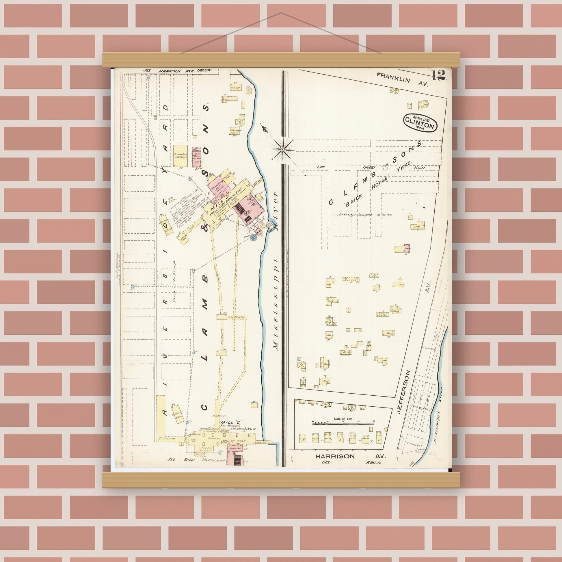 Old map wall art mockup — magnetic wood frame on brick wall — Sanborn Fire Insurance Map from Clinton, Clinton County, Iowa (1885), Sheet #0012