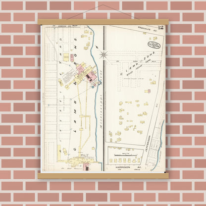 Old map wall art mockup — magnetic wood frame on brick wall — Sanborn Fire Insurance Map from Clinton, Clinton County, Iowa (1885), Sheet #0012