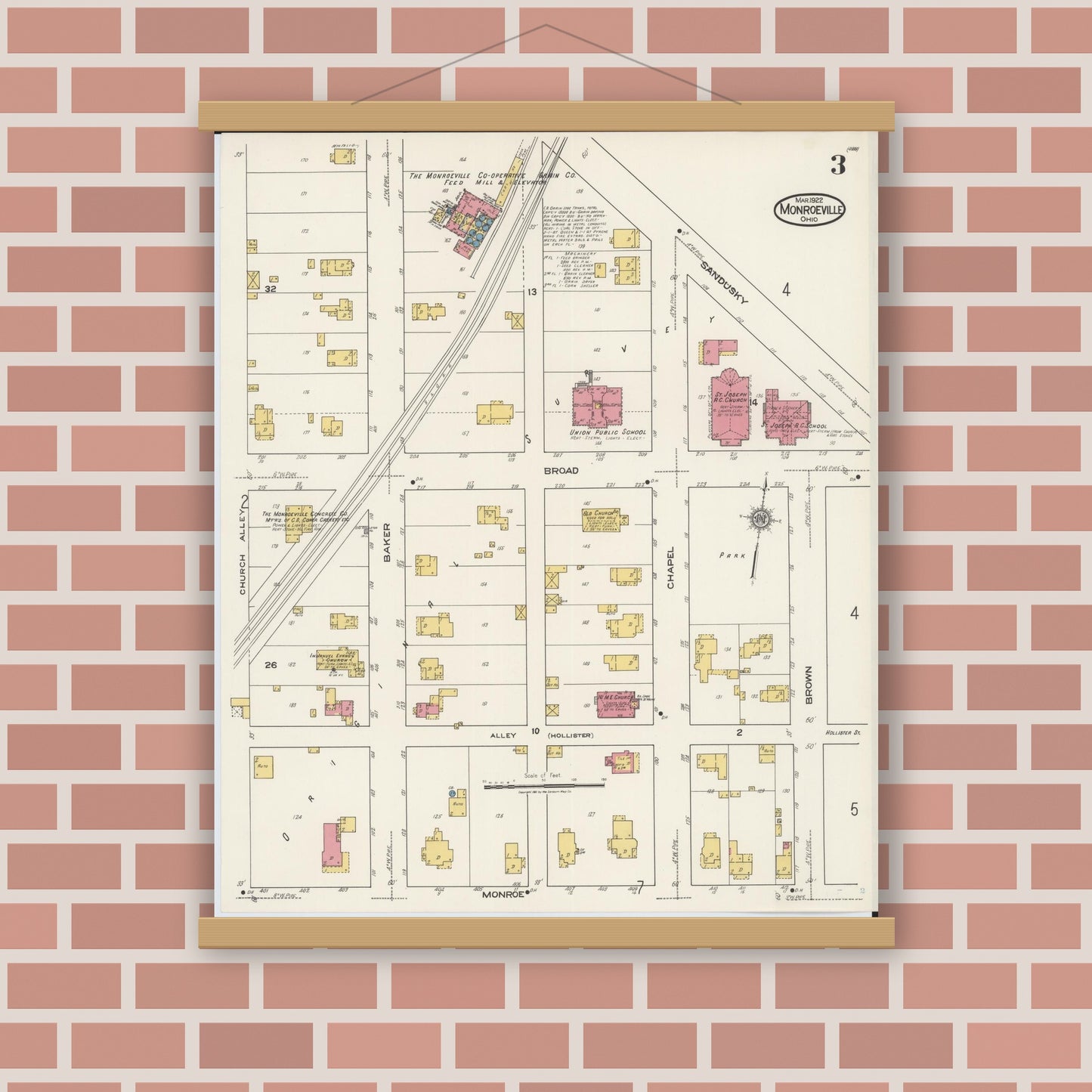 Old map wall art mockup — magnetic wood frame on brick wall — Sanborn Fire Insurance Map from Monroeville, Huron County, Ohio (1922), Sheet #0003