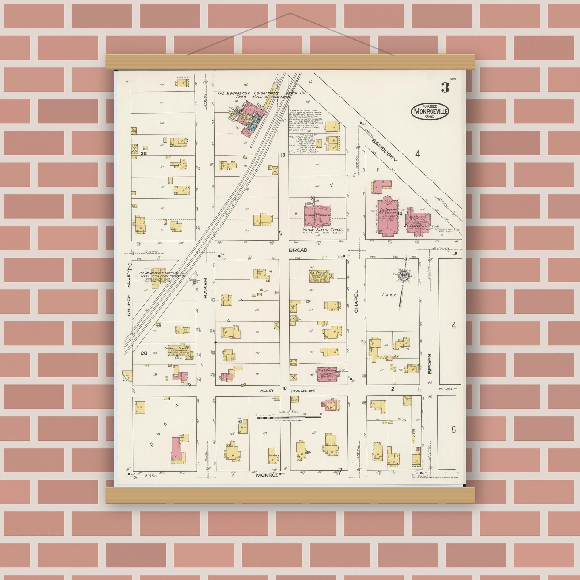 Old map wall art mockup — magnetic wood frame on brick wall — Sanborn Fire Insurance Map from Monroeville, Huron County, Ohio (1922), Sheet #0003