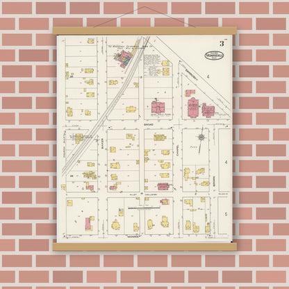 Old map wall art mockup — magnetic wood frame on brick wall — Sanborn Fire Insurance Map from Monroeville, Huron County, Ohio (1922), Sheet #0003
