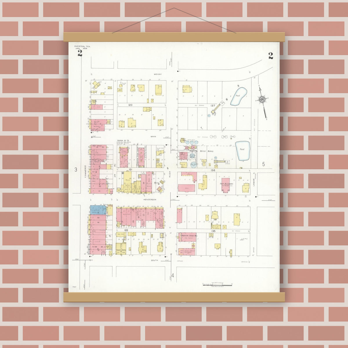Old map wall art mockup — magnetic wood frame on brick wall — Sanborn Fire Insurance Map from Overton, Rusk County, Texas (1936), Sheet #0002
