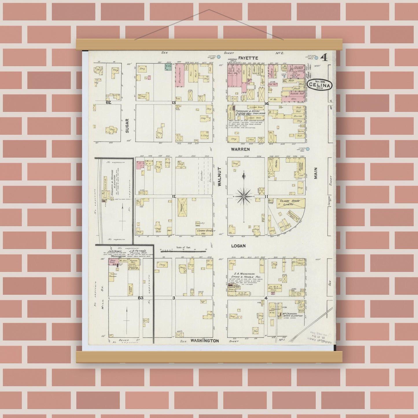 Old map wall art mockup — magnetic wood frame on brick wall — Sanborn Fire Insurance Map from Celina, Mercer County, Ohio (1890), Sheet #0004