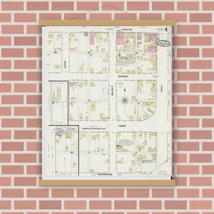 Old map wall art mockup — magnetic wood frame on brick wall — Sanborn Fire Insurance Map from Celina, Mercer County, Ohio (1890), Sheet #0004