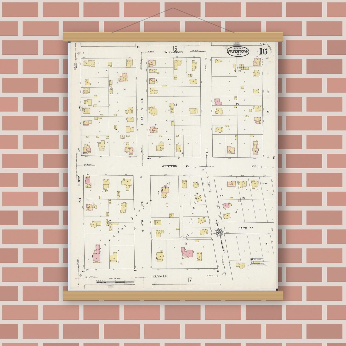 Old map wall art mockup — magnetic wood frame on brick wall — Sanborn Fire Insurance Map from Watertown, Jefferson County, Wisconsin (1915), Sheet #0017