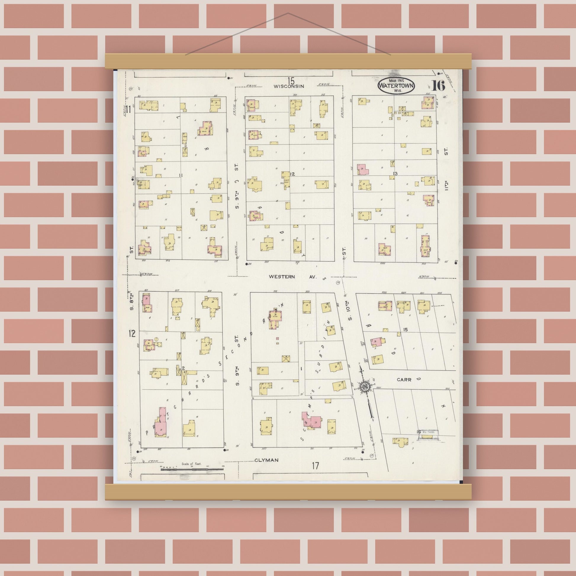 Old map wall art mockup — magnetic wood frame on brick wall — Sanborn Fire Insurance Map from Watertown, Jefferson County, Wisconsin (1915), Sheet #0017