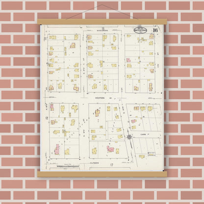 Old map wall art mockup — magnetic wood frame on brick wall — Sanborn Fire Insurance Map from Watertown, Jefferson County, Wisconsin (1915), Sheet #0017