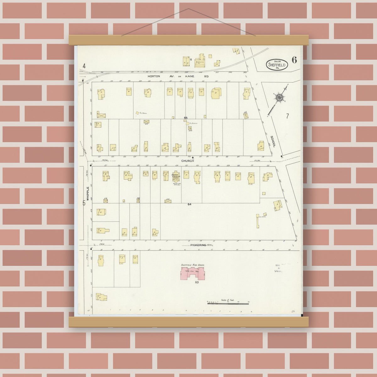 Old map wall art mockup — magnetic wood frame on brick wall — Sanborn Fire Insurance Map from Sheffield, Warren County, Pennsylvania (1910), Sheet #0006