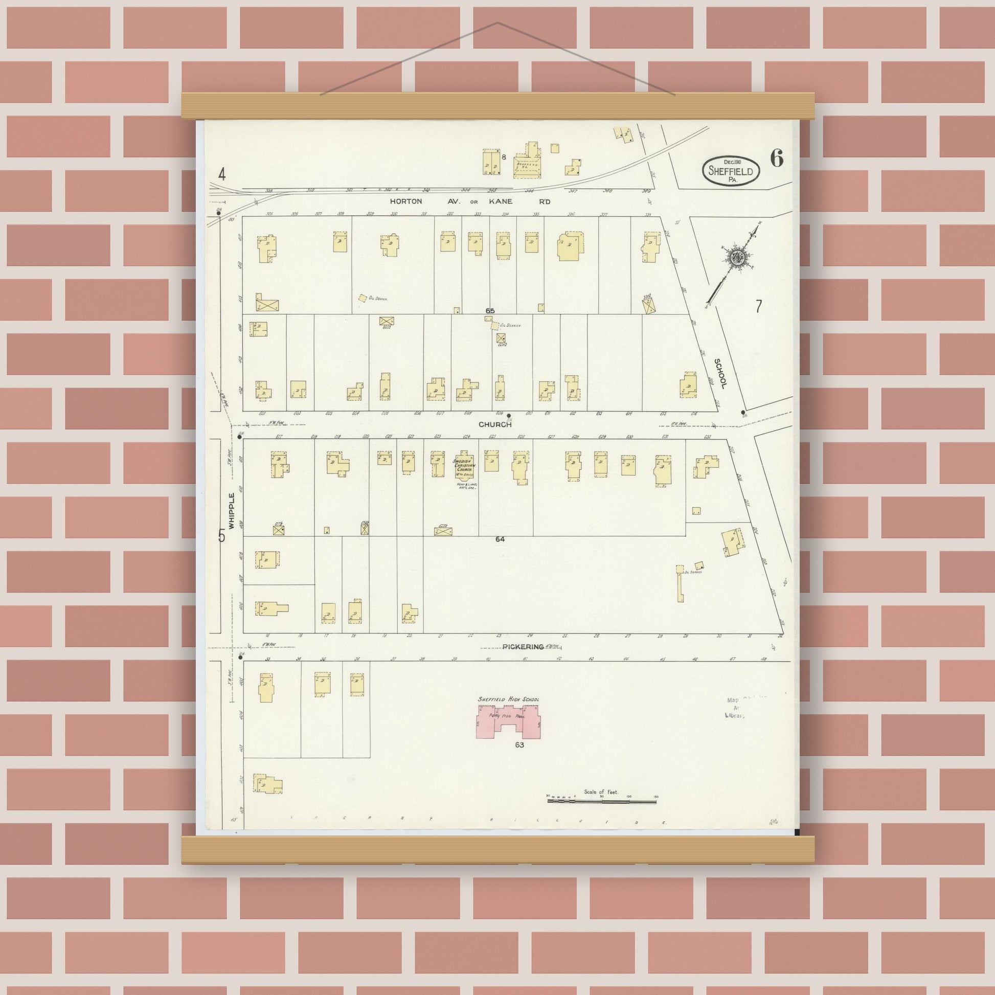 Old map wall art mockup — magnetic wood frame on brick wall — Sanborn Fire Insurance Map from Sheffield, Warren County, Pennsylvania (1910), Sheet #0006