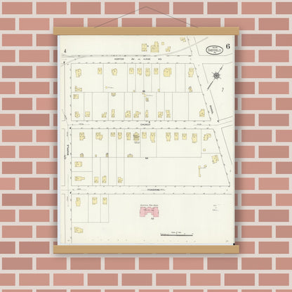 Old map wall art mockup — magnetic wood frame on brick wall — Sanborn Fire Insurance Map from Sheffield, Warren County, Pennsylvania (1910), Sheet #0006