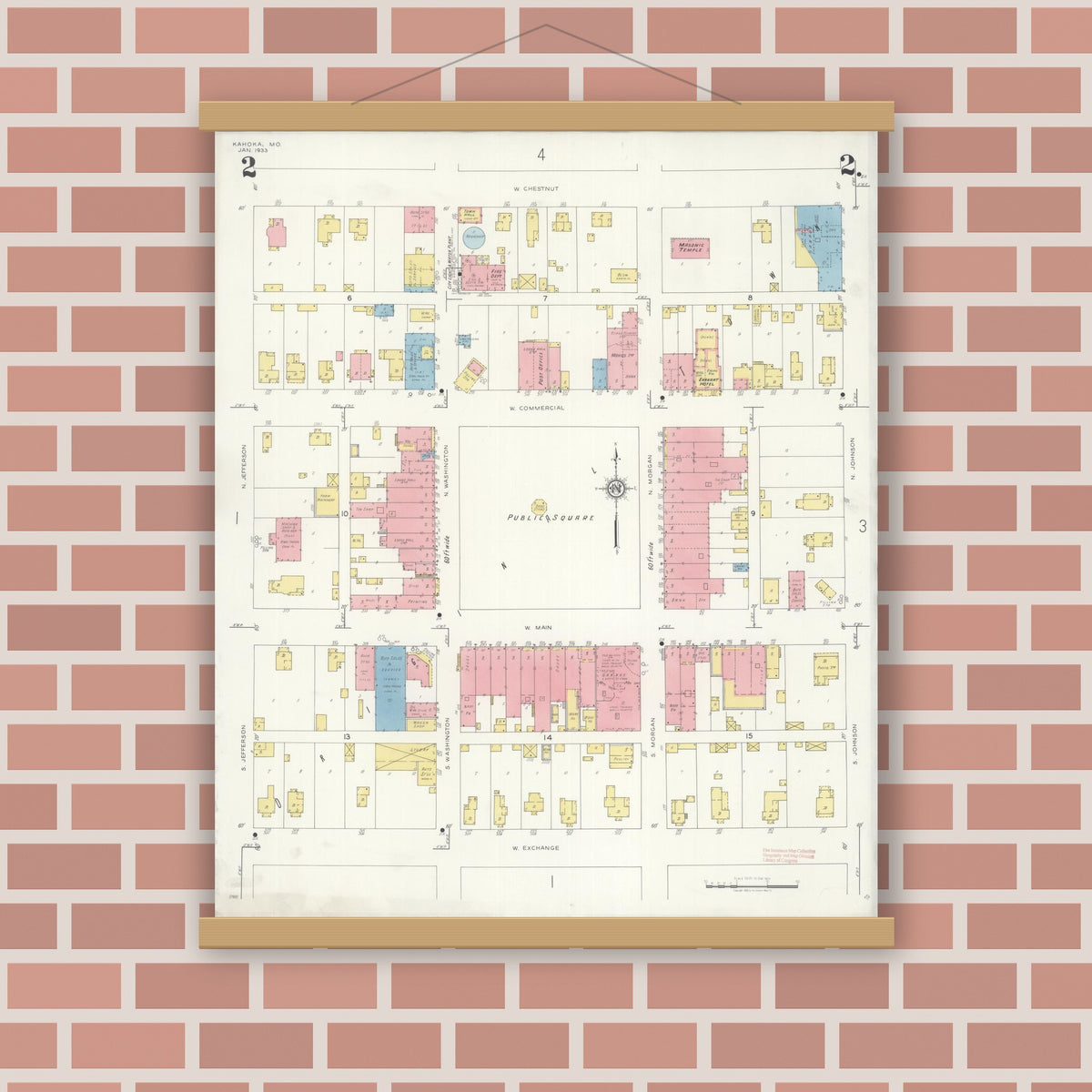 Old map wall art mockup — magnetic wood frame on brick wall — Sanborn Fire Insurance Map from Kahoka, Clark County, Missouri (1933), Sheet #0002