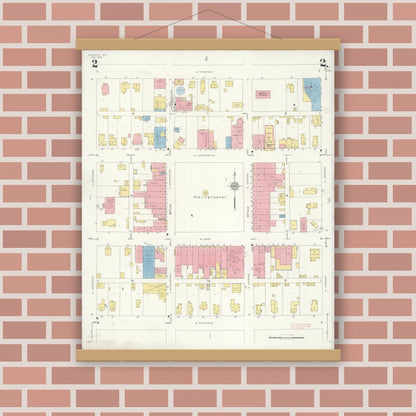 Old map wall art mockup — magnetic wood frame on brick wall — Sanborn Fire Insurance Map from Kahoka, Clark County, Missouri (1933), Sheet #0002