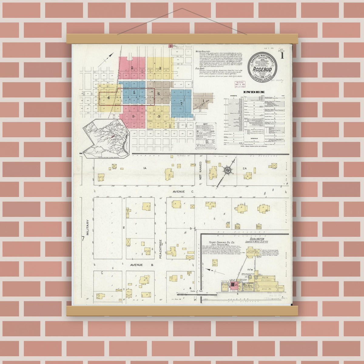 Old map wall art mockup — magnetic wood frame on brick wall — Sanborn Fire Insurance Map from Rosebud, Falls County, Texas (1914), Sheet #0001