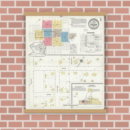 Old map wall art mockup — magnetic wood frame on brick wall — Sanborn Fire Insurance Map from Rosebud, Falls County, Texas (1914), Sheet #0001
