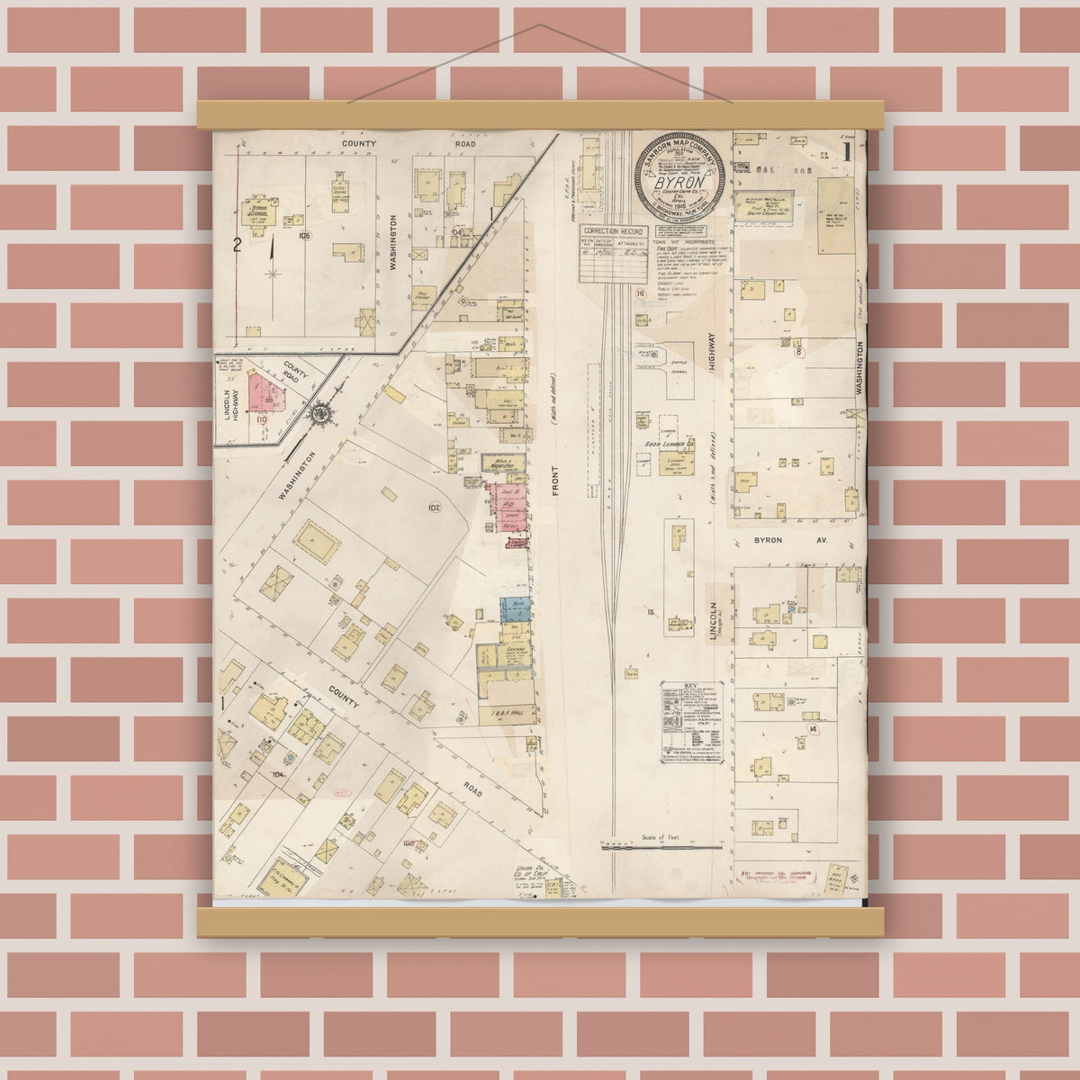 Old map wall art mockup — magnetic wood frame on brick wall — Sanborn Fire Insurance Map from Byron, Contra Costa County, California (1932) - Complete Map Set