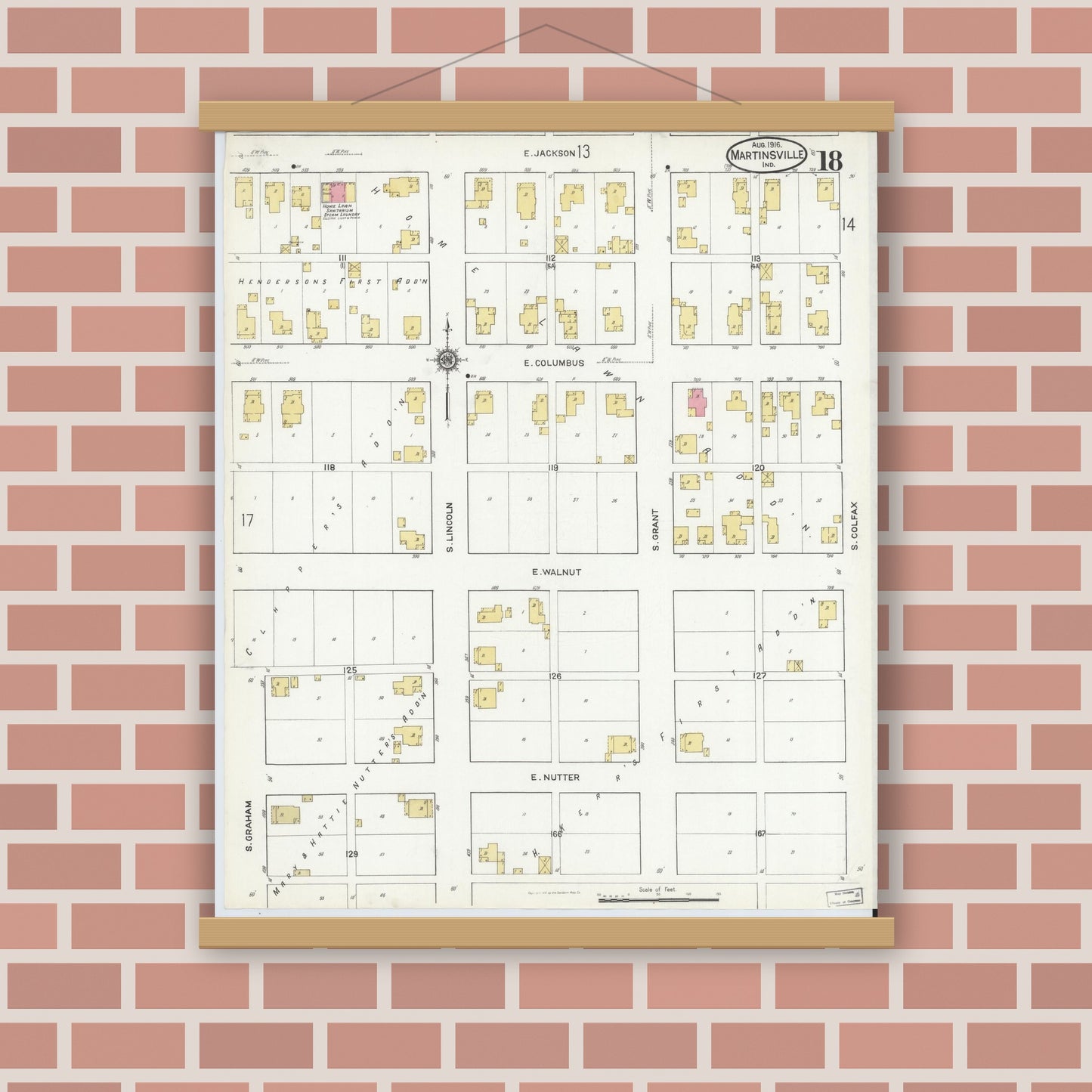 Old map wall art mockup — magnetic wood frame on brick wall — Sanborn Fire Insurance Map from Martinsville, Morgan County, Indiana (1916), Sheet #0018