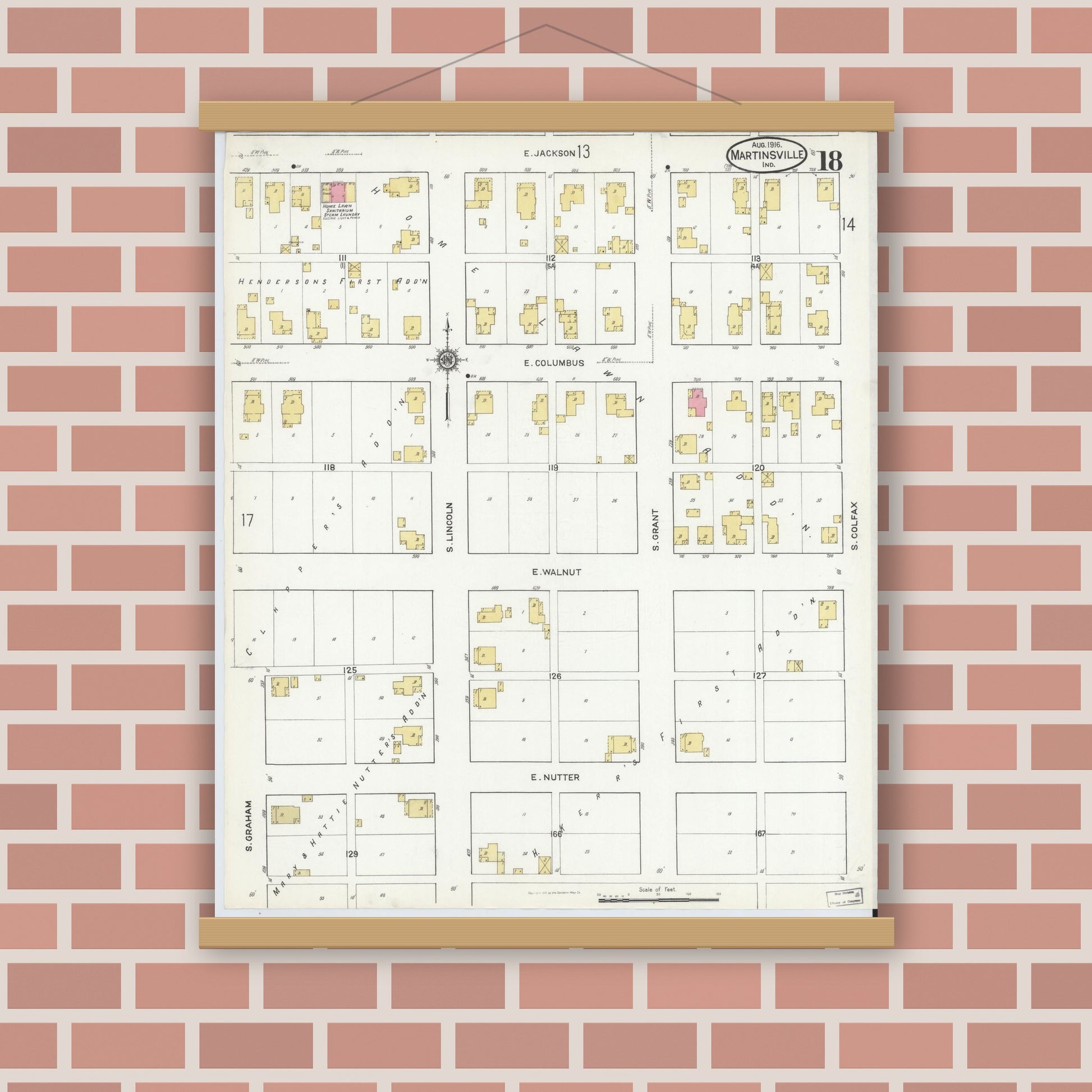 Old map wall art mockup — magnetic wood frame on brick wall — Sanborn Fire Insurance Map from Martinsville, Morgan County, Indiana (1916), Sheet #0018