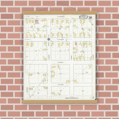 Old map wall art mockup — magnetic wood frame on brick wall — Sanborn Fire Insurance Map from Martinsville, Morgan County, Indiana (1916), Sheet #0018