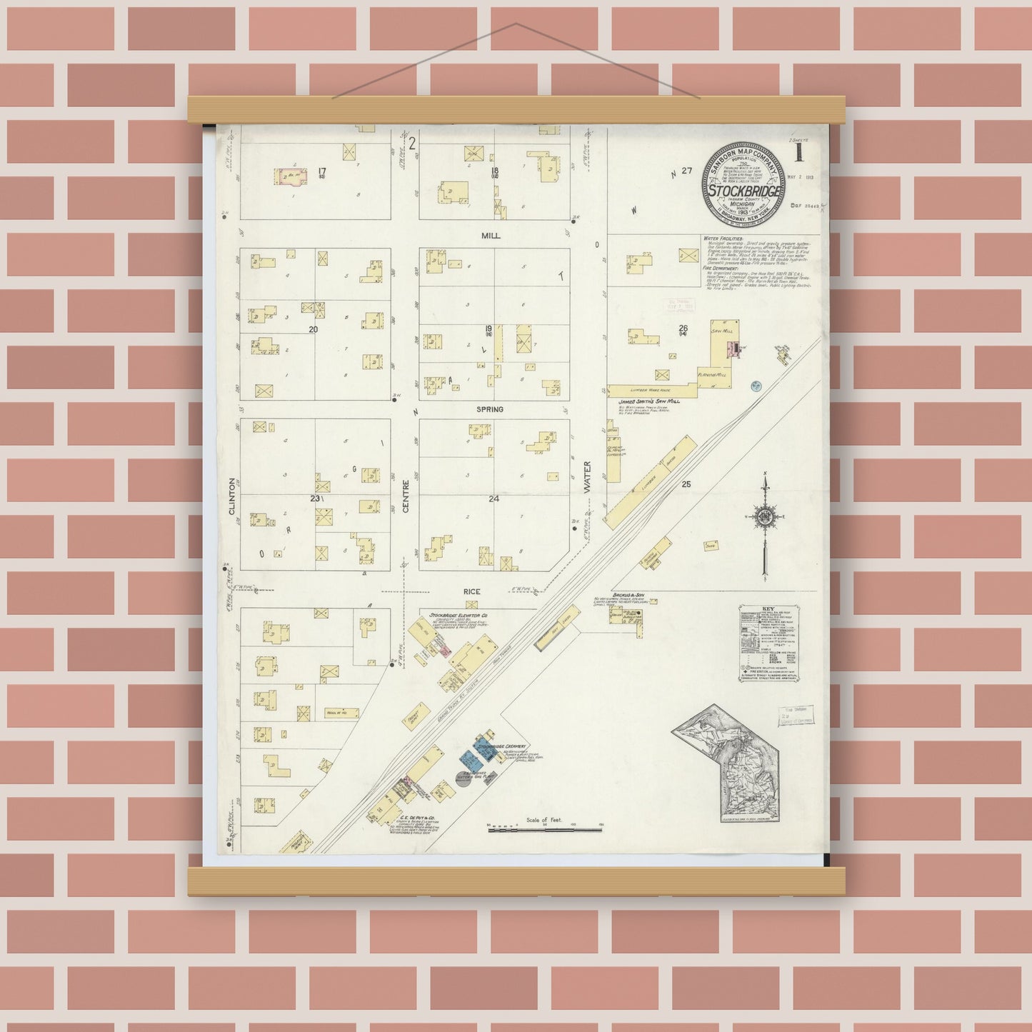 Old map wall art mockup — magnetic wood frame on brick wall — Sanborn Fire Insurance Map from Stockbridge, Ingham County, Michigan (1913) - Complete Map Set