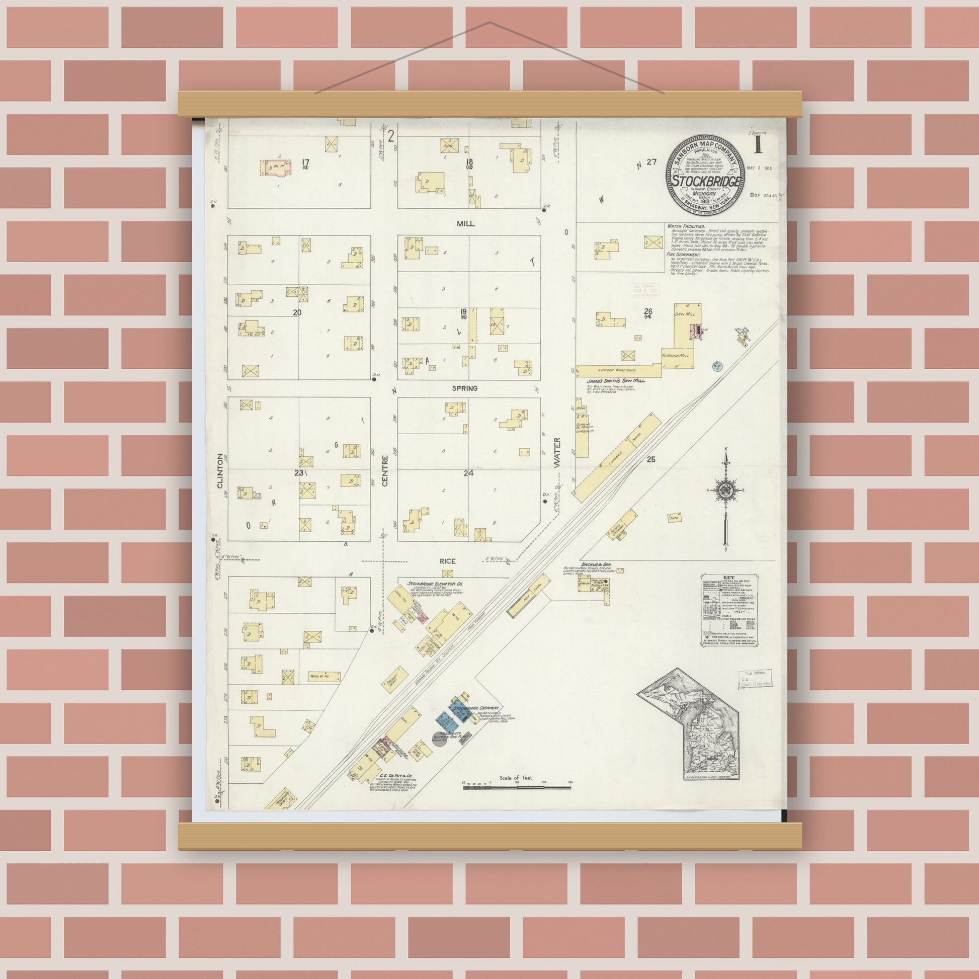 Old map wall art mockup — magnetic wood frame on brick wall — Sanborn Fire Insurance Map from Stockbridge, Ingham County, Michigan (1913) - Complete Map Set